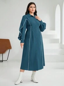Mulvari Plus Size Color Block Rolled Edge Long Sleeve Dress