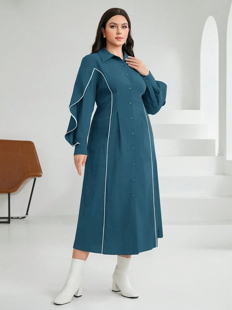 Plus Size Color Block Rolled Edge Long Sleeve Dress