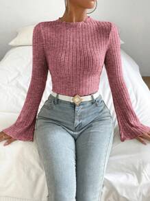 SHEIN Essnce 女士鈴鐺袖肋織短t恤 - 中紫紅色 - 查看 3