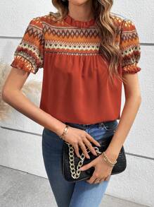 Chiquease Elegant Geometric Print Puff Sleeve Round Collar Blouse For Women - Orange - View 4