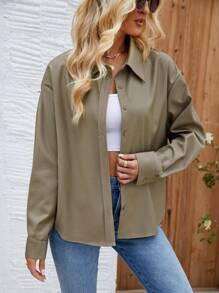 SHEIN LUNE Camisa De Manga Larga De Color Sólido - Verde militar - Ver 4