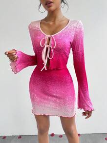 SHEIN Essnce 女士情人节粉色渐变长袖上衣和裙子两件套服装 - 彩色 - 查看 6
