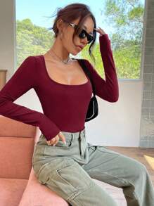 SHEIN EZwear Solid Color T-Shirt Bodysuit - Red - View 3