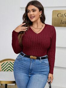 SHEIN Frenchy 大尺碼女款 V 領羅紋長袖 T 卹 - 酒紅色 - 查看 5