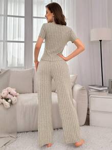 Conjunto De Ropa Para Mujer En Tejido De Punto Acanalado De Un Solo Color Para Estar En Casa - Gris - Ver 2