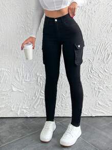 EURMUSE 99%纯棉女式工装风格牛仔裤，带口袋 - 黑色 - 查看 3