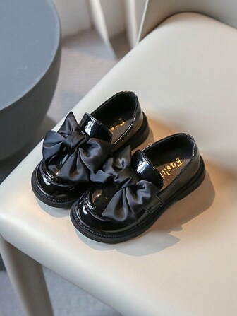 新款韓式扁跟鞋帶蝴蝶結女童鞋,黑色