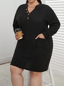 SHEIN Essnce Kích thước lớn Của phụ nữ Túi Kép Sọc Đầm - màu đen - Xem 1