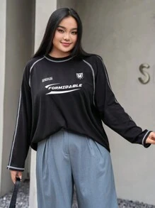 Dazy Plus 加大码宽松街头风格字母印花 T 恤，插肩袖拼接设计长袖女式上衣，秋季女装 - 黑色 - 查看 1