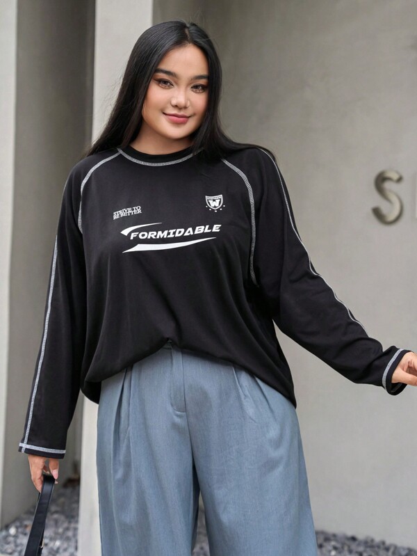 Dazy Plus Camiseta holgada de estilo callejero con estampado de letras, diseño de costura de manga raglán, blusas de manga larga para mujer, ropa de mujer para otoño, talla grande