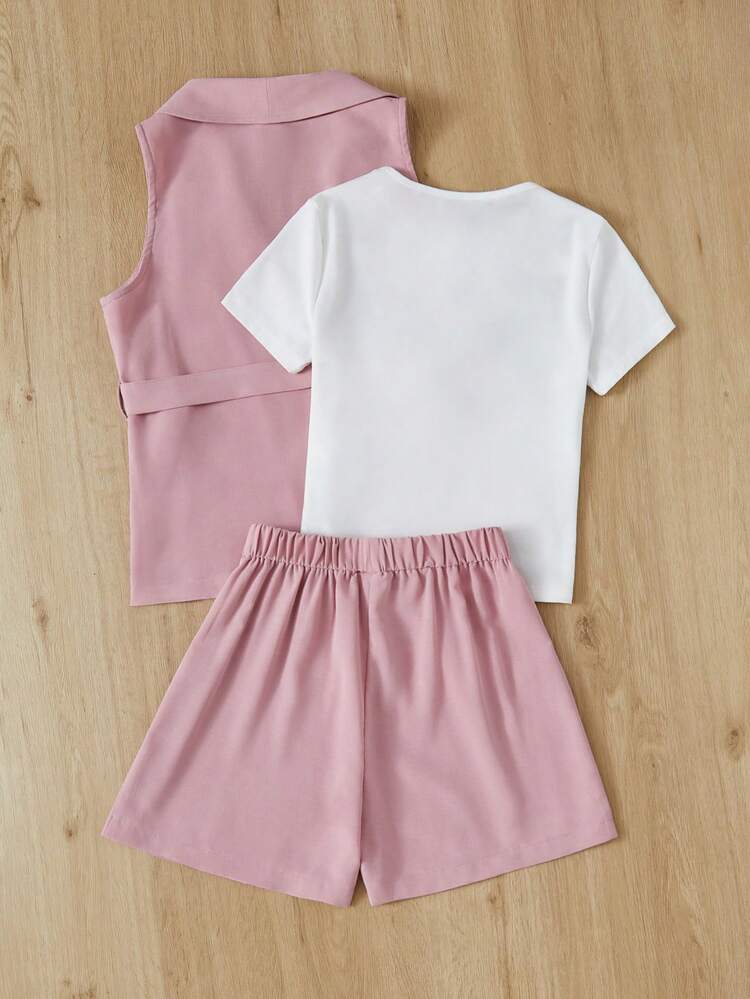 Tween Girls' Suit Vest With Detachable Belt, Short Sleeve Knitted T-Shirt And Shorts 3pcs/Set