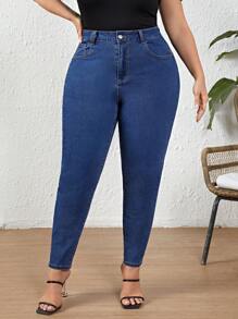 SHEIN LUNE Plus Size High Waisted Butt Lifting Skinny Jeans - Blue - View 6