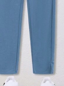 SHEIN 男孩實色直筒彈性腰寬鬆舒適運動長褲 - 藍色 - 查看 3