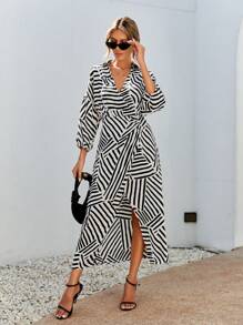 SHEIN Privé Áo choàng mặt trước In sọc Viền chia cắt Đầm - Đen và trắng - Xem 5