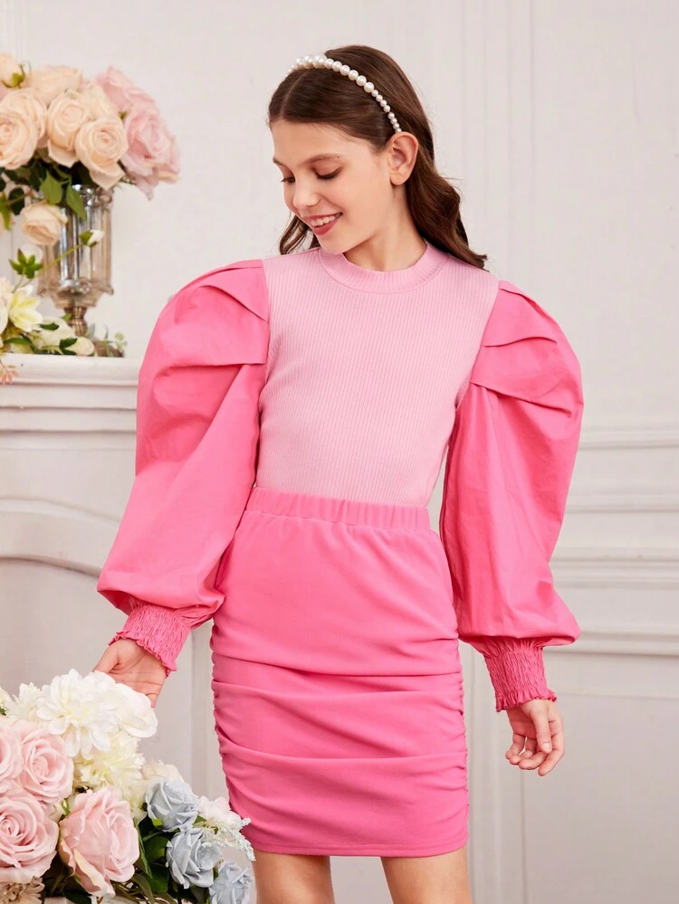 Tween Girls' Knitted Stand Collar Top With Woven Puff Sleeves & Knitted Solid Color Skirt Set