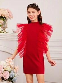 SHEIN 青少年女孩针织立领网眼撞色双层荷叶边装饰连衣裙 - 紅色 - 查看 3