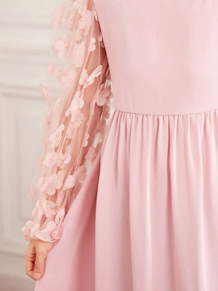 Tween Girls' Stand Collar Square Neck Contrast Mesh Dress With Embroidery, Puff Sleeves And Ruffle Hem