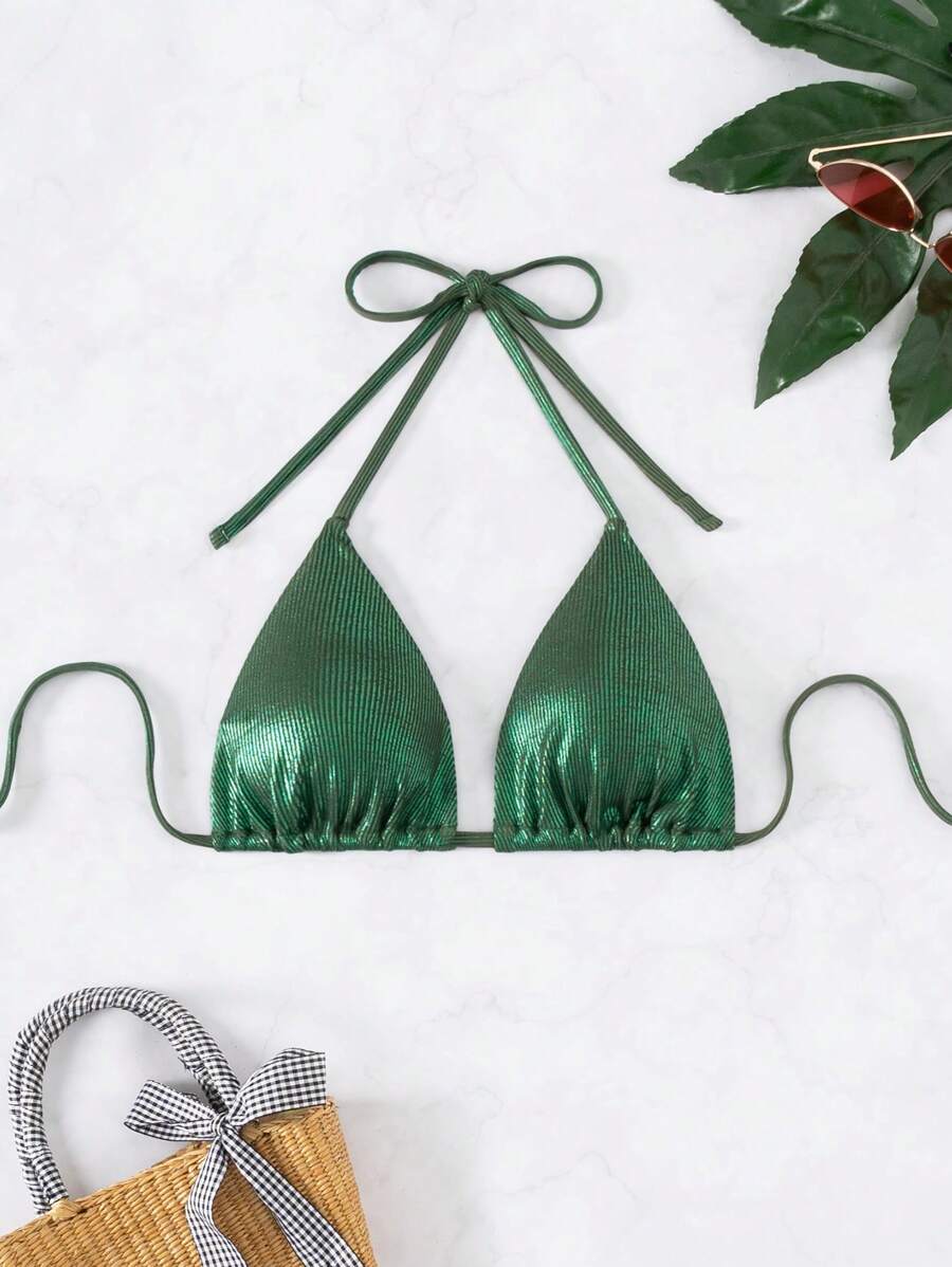 SHEIN Swim Màu thuần Halterneck Áo bikini Lễ hội hóa trang - màu xanh lá - Xem 1