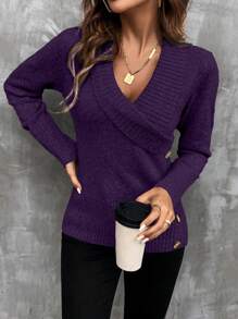 EMERY ROSE Fashionable Women's Shawl Collar Button Detail Sweater - Purple - View 6