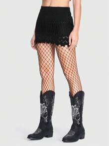 ROMWE Goth Dark Boho Style Sweep Hem Distressed Low-Waist Knitted Sweater Skirt - Black - View 4