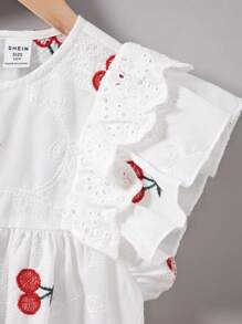 Tween Girls' Cherry Blossom & Flower Embroidered Cap Sleeve Woven Casual Shirt