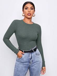 SHEIN Essnce 女款修身長袖窩夫針織t恤 - 綠色 - 查看 1