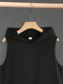 Teen Boy Simple Casual Solid Color Hooded Top - Black - View 3