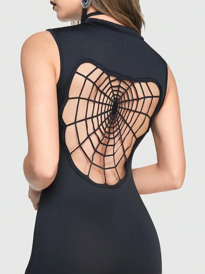 spider web cut out dress Our Gothic Black Back Spider-Web Hollow Out, High Slit, Sleeveless Dress  For Women is such a vibe