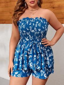 SHEIN Holidaya Kích thước lớn In hoa Quây Romper - Màu xanh lam - Xem 6