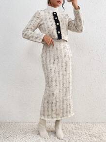 SHEIN Privé Contrast Color Decorated Plaid Thick Coat And A-Line Skirt Two Piece Set - Apricot - View 5