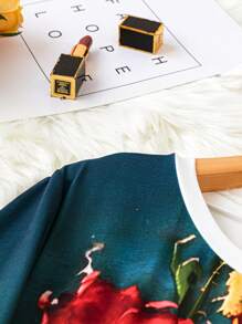 Plus Size Color Block Flower Printed T-Shirt - Multicolor - View 3