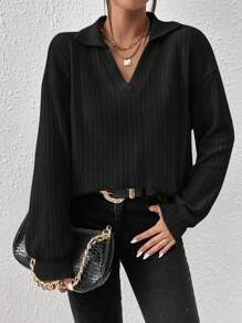 SHEIN Frenchy Solid Color Drop-Shoulder Long Sleeve T-Shirt - Black - View 3