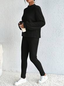 SHEIN Frenchy 女士鋼筋立領長袖t恤和褲子套裝 - 黑色 - 查看 5