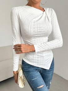 SHEIN LUNE 女士不對稱褶皺t恤 - 白色 - 查看 3