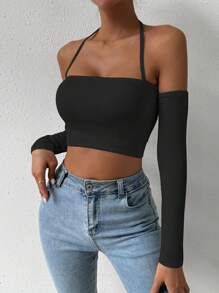 SHEIN Unity Áo crop top trễ vai nữ có cổ chéo, đi chơi - màu đen - Xem 4