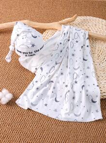 Newborn Baby Boy Galaxy Print Blanket & Hat Photography Prop - White - View 2