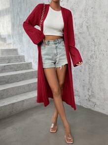 SHEIN Essnce Women's Solid Color Ribbed Knit Cardigan - Red - View 6