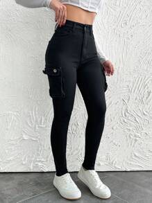 EURMUSE 99%纯棉女式工装风格牛仔裤，带口袋 - 黑色 - 查看 1