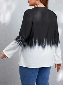 SHEIN LUNE 大尺碼女士對比色拉鍊半扣衬衫 - 黑色 - 查看 2