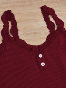 SHEIN 女士纯色蕾丝拼布睡衣套装休闲套装 - 酒紅色 - 查看 4