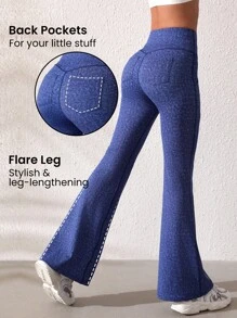 SHEIN Sports Pantalones deportivos con efecto de mezclilla y pierna de campana - Azul - Ver 4