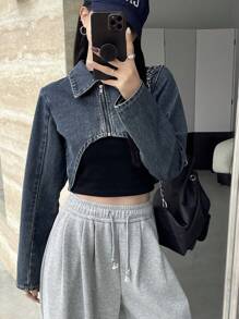 Dazy Designer Women's Zipper Front Cropped Denim Jacket