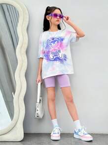 SHEIN Tween Girls' Daily Street Fashion Knitted Tie Dye Round Neck Short Sleeve T-Shirt And Leggings Shorts Set For Spring/Summer