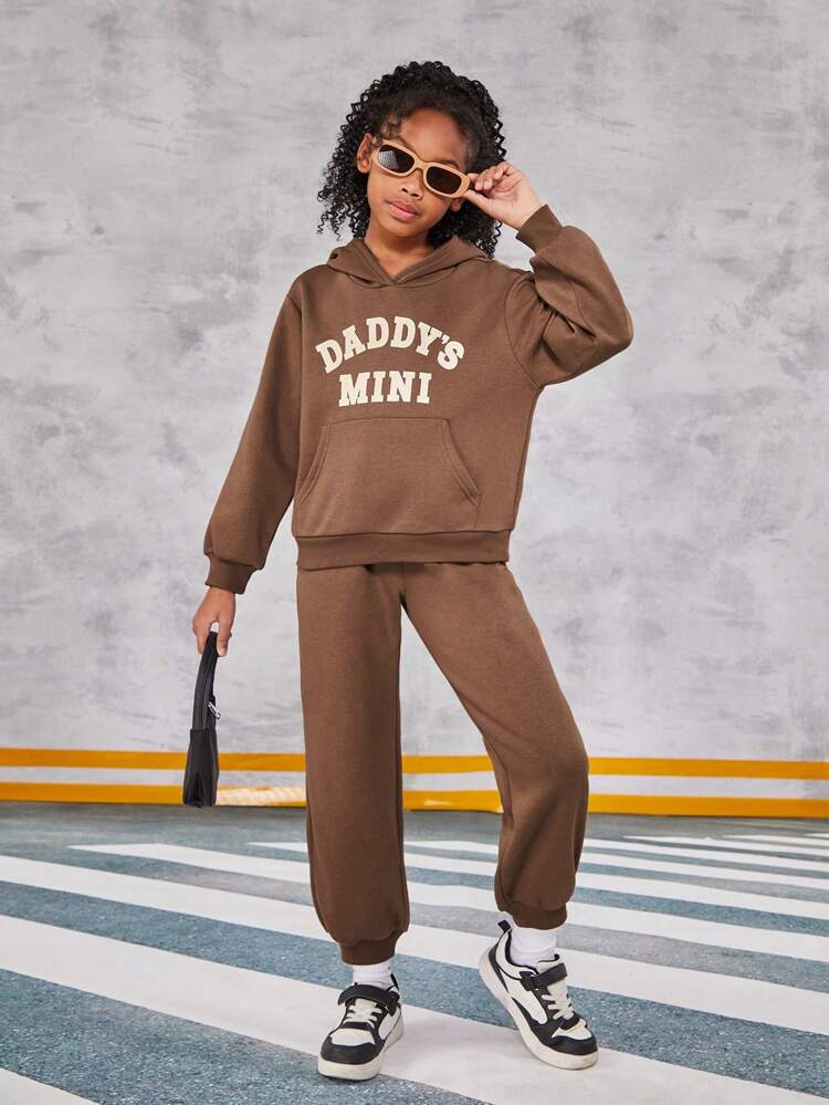 Tween Girl's Street Style Letter Printed Hoodie And Sweatpants Set, Sports Outfit