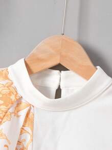 Tween Girl Stand Collar Asymmetrically Spliced Flower Pattern Ruffle Sleeve Shirt - White - View 5