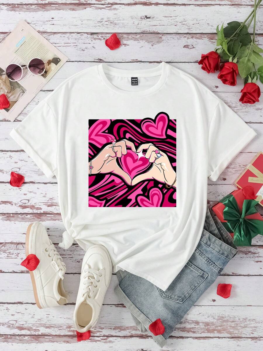 SHEIN EZwear 女款愛心印花圓領t恤 - 白色 - 查看 1