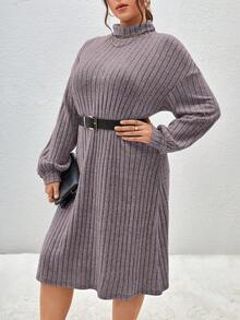 SHEIN Essnce Plus Size Women's Turtleneck Ribbed Dress - Multicolor - View 3