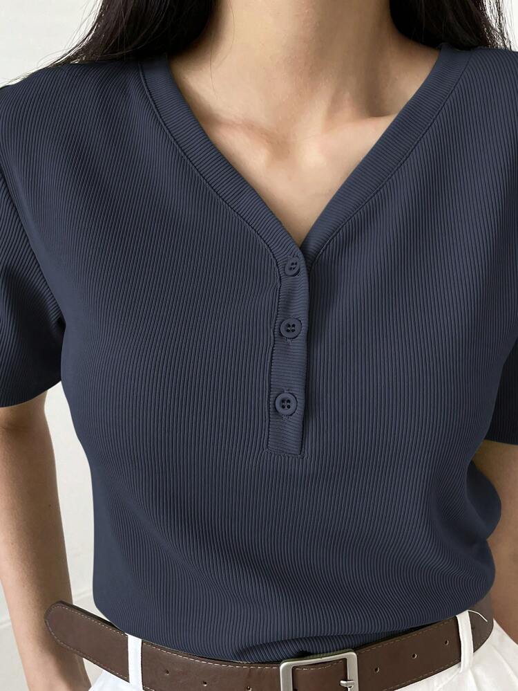 Solid Color Rib Knit V-Neck Short Sleeve T-Shirt Old Money Style Summer Business Casual Woman Work Clothes