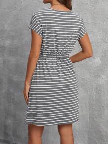 SHEIN Essnce Women's Round Neck Striped Waist-Cinching Slant Pocket Casual Spring Dress - Grey - View 2