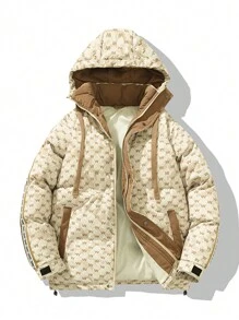 男士連帽抓緊外套，帶印花字母和束緊帶 - 米色 - 查看 1